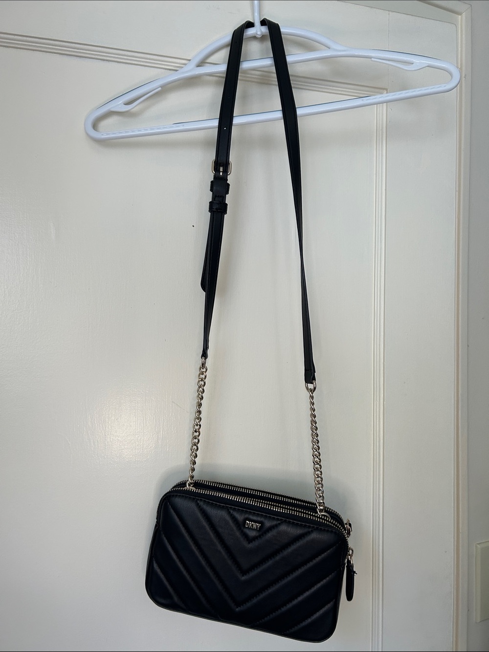 DKNY Black Quilted Leather Crossbody with Gold Chain Strap